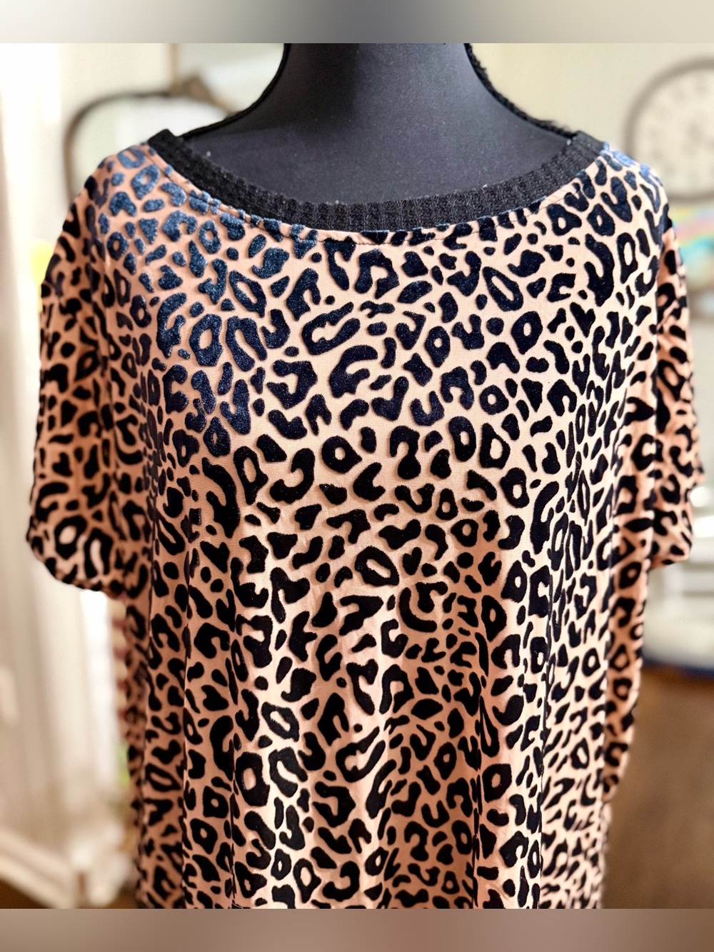 Kori Velvet Detail Semi Sheer Leopard Print Short Sleeve Top - Black & Tan Sz Sm